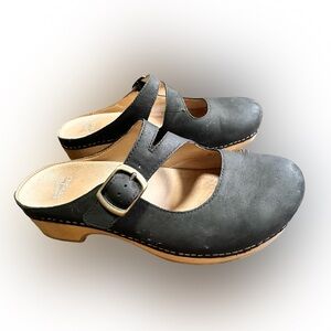 Dansko Black Leather Buckle Clog Mules